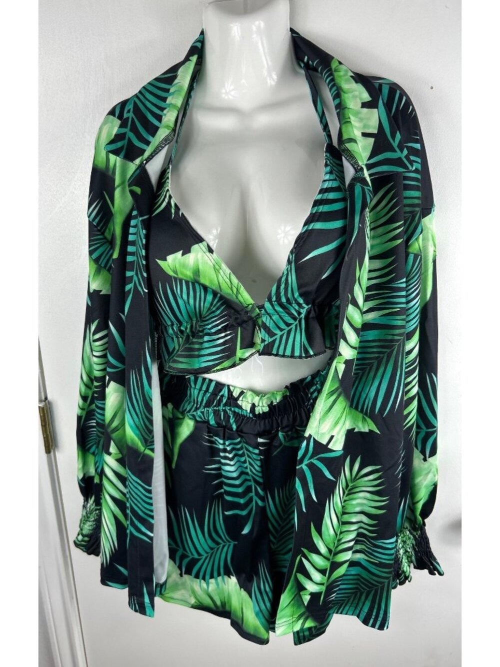 Tropical Leaf Print 3-Piece Bikini Set with Cover-Up Size Large NWT